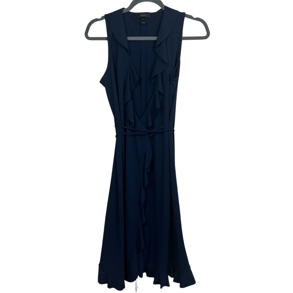 J Crew Sleeveless Ruffle Wrap Dress Women’s XS Navy Blue Party Cocktail Preppy - Picture 2 of 6